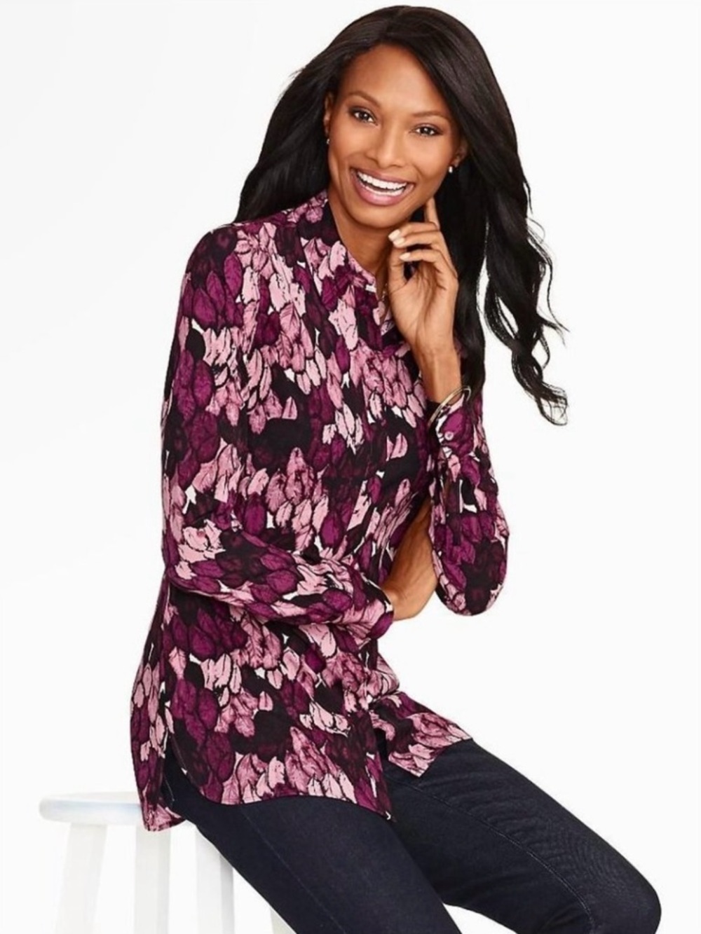 Talbots Feather Print Button Front Shirt Purple Size Medium Petite - Picture 2 of 5